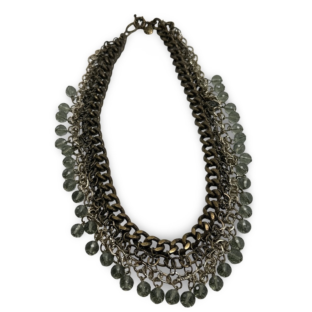 J.Crew Layered Chain Statement Necklace Green Glass Beads Antique Brass